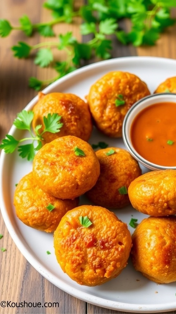 Crispy air fryer chicken rissoles on a plate with parsley and dipping sauce.
